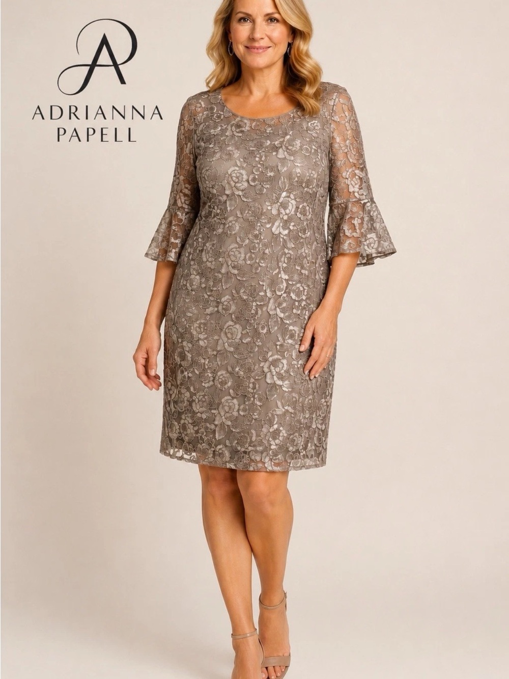 Adrianna Papell Size 18 Taupe Floral Embroidered Lace Sheath Dress Bell Sleeve
